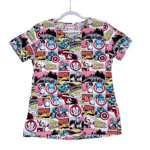 Marvel Comics Superheroes Collage Print V Neck Scrub Top Women's XS‎